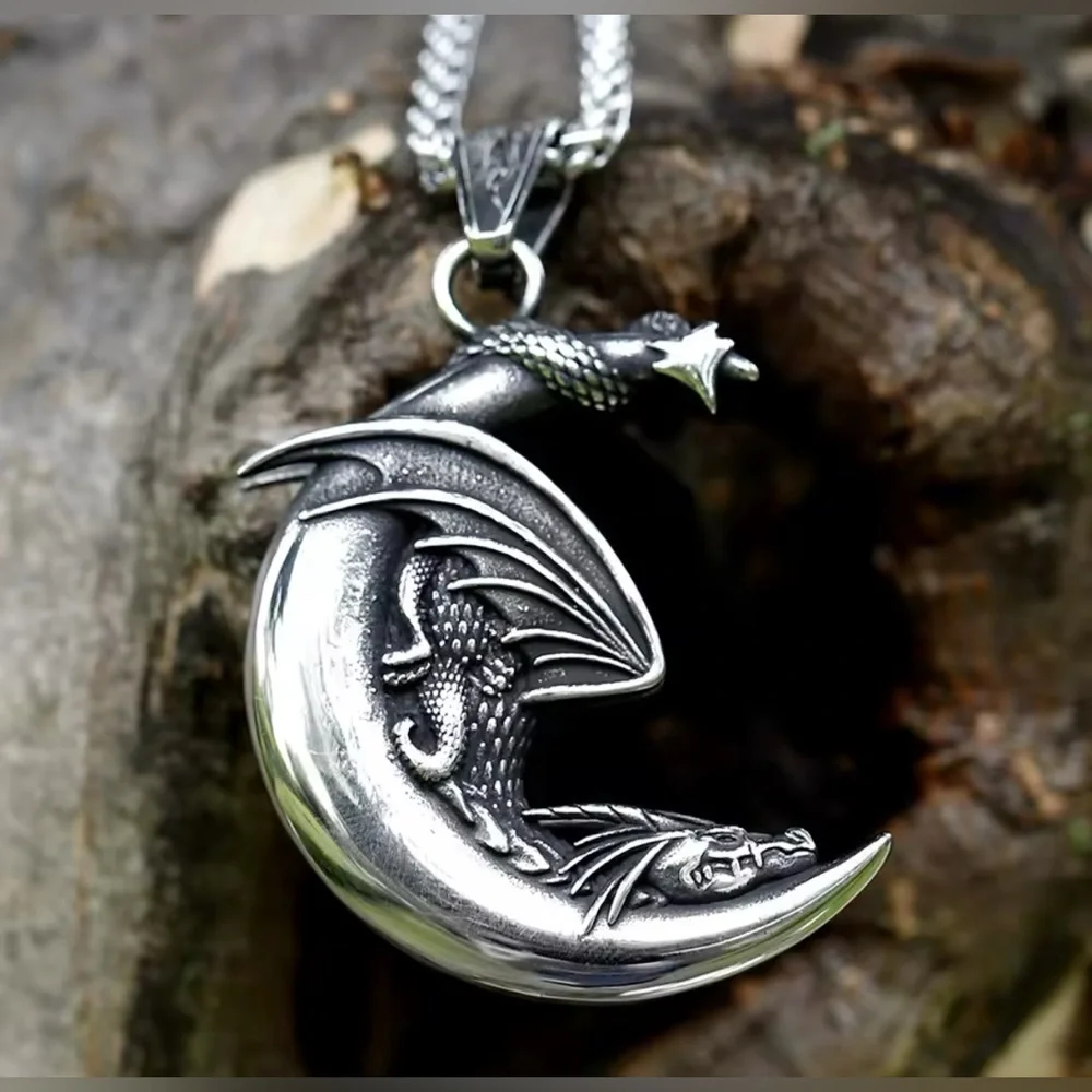 925 Sterling Silver Dragon Sleeping On Moon NO FADE Necklace Viking Biker Goth